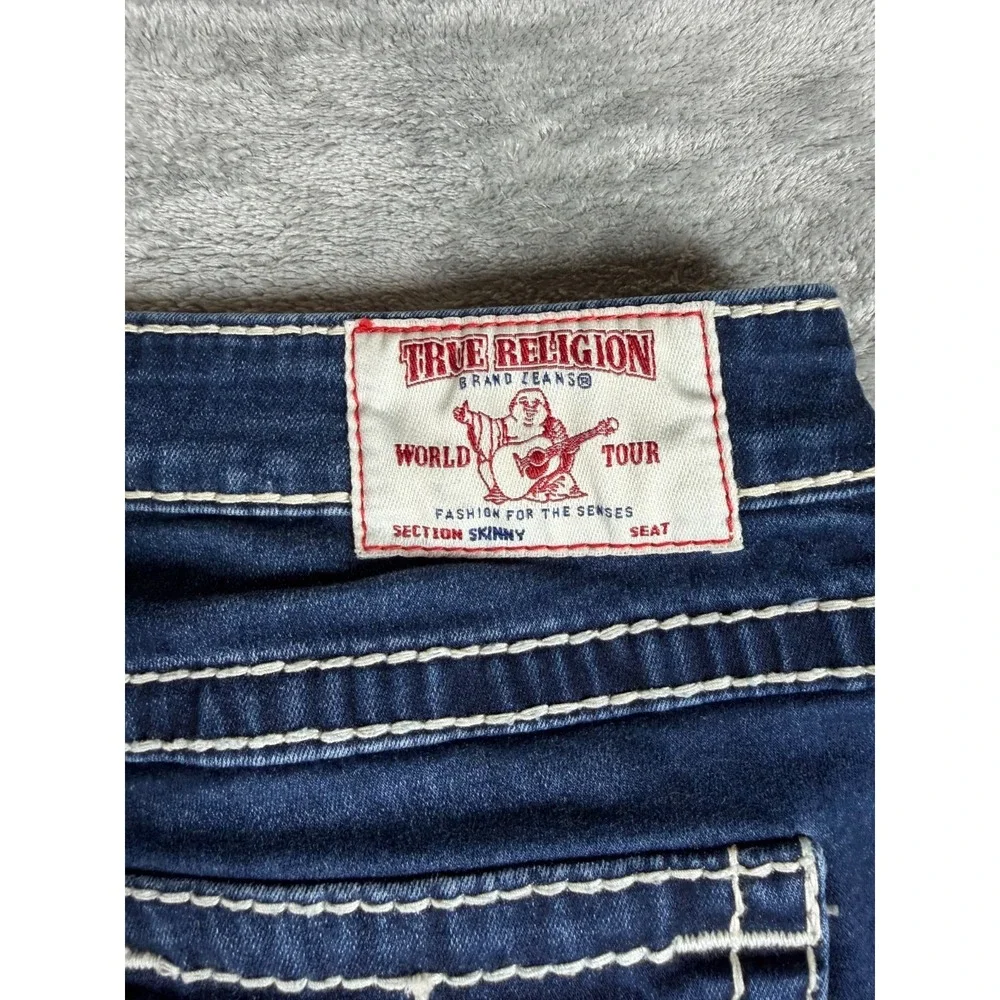 True Religion Womens 27 Skinny Jeans Dark Wash White Super T Stitch Y2K Flap